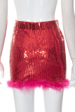 Red Sexy Patchwork Sequins Feathers Skinny High Waist Pencil Full Print Bottoms