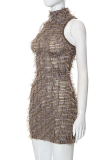 Brown Sexy Geometric Patchwork Half A Turtleneck Pencil Skirt Dresses
