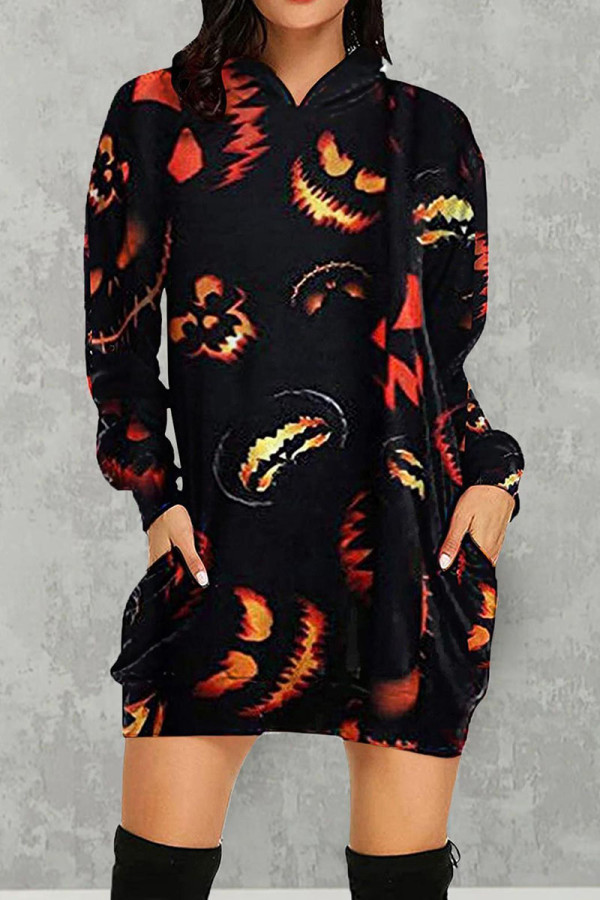 Red Black Street Print Patchwork Hooded Collar T-shirt Dress Dresses