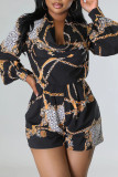 Black Fashion Casual Print Patchwork Asymmetrical Collar Straight Rompers