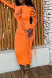 Orange Sexy Solid Bandage Hollowed Out Patchwork O Neck Pencil Skirt Dresses