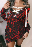 Purple Street Print Bandage Patchwork V Neck Straight Dresses