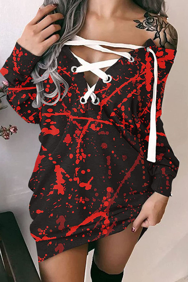 Black Red Street Print Bandage Patchwork V Neck Straight Dresses