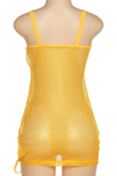 Yellow Sexy Solid Mesh Spaghetti Strap Pencil Skirt Dresses