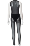 Black Sexy Solid Mesh O Neck Skinny Jumpsuits