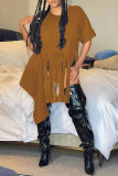 Coffee Fashion Casual Solid Tassel Patchwork Asymmetrical O Neck Tops