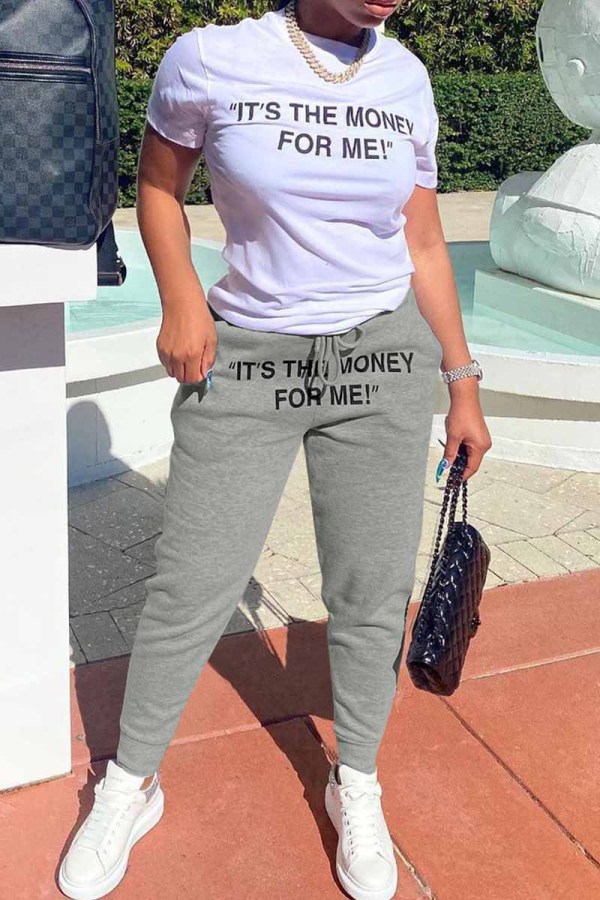Grey Fashion Casual Letter Print Patchwork O Neck Short Sleeve Two Pieces