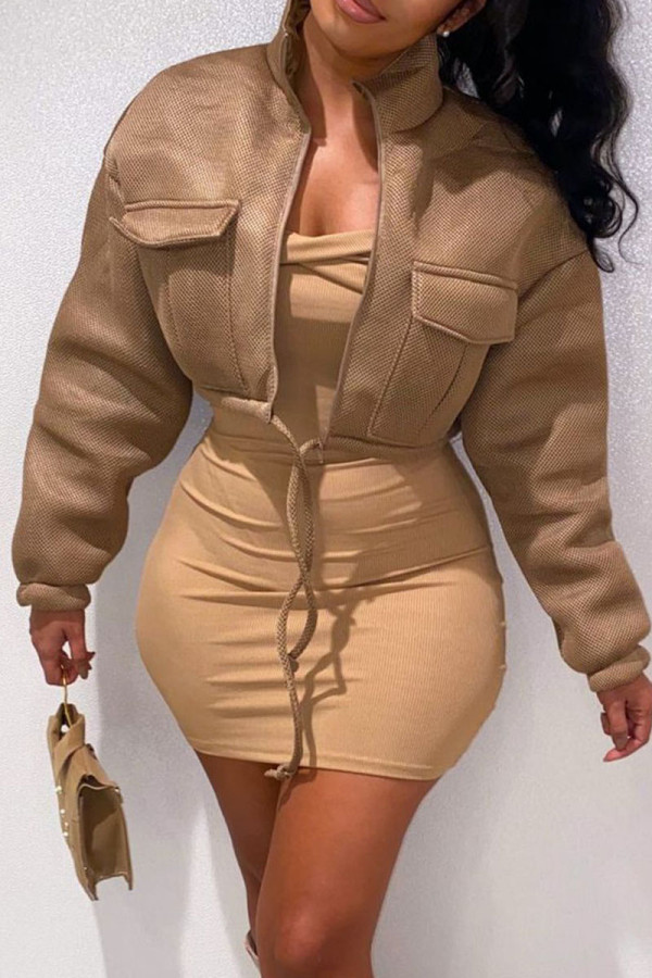 Coffee Casual Solid Bandage Patchwork Pocket Half A Turtleneck Outerwear