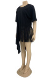 Coffee Fashion Casual Solid Tassel Patchwork Asymmetrical O Neck Tops