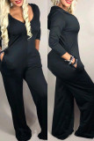 Black Fashion Casual Solid Basic Hooded Collar Regular Jumpsuits
