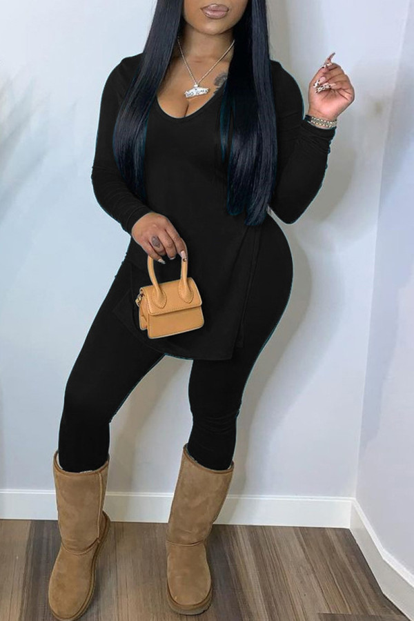 Black Fashion Casual Solid Slit O Neck Long Sleeve Two Pieces