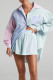 Green Casual Striped Print Patchwork Buckle Turndown Collar Long Sleeve Two Pieces