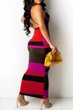 Pink Fashion Sexy Striped Print Backless Spaghetti Strap Long Dress Dresses