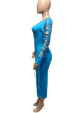 Orange Sexy Solid Bandage Hollowed Out Patchwork O Neck Pencil Skirt Dresses