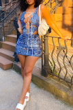 Blue Sexy Print Draw String V Neck Sleeveless Two Pieces