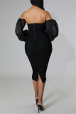 Black Fashion Sexy Solid Patchwork Backless Fold Off the Shoulder Pencil Skirt Dresses