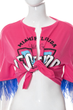 Pink Casual Print Tassel V Neck T-Shirts