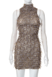 Brown Sexy Geometric Patchwork Half A Turtleneck Pencil Skirt Dresses