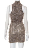 Brown Sexy Geometric Patchwork Half A Turtleneck Pencil Skirt Dresses