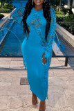 Orange Sexy Solid Bandage Hollowed Out Patchwork O Neck Pencil Skirt Dresses