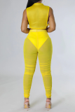 Yellow Sexy Solid Mesh O Neck Sleeveless Two Pieces