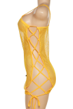 Yellow Sexy Solid Mesh Spaghetti Strap Pencil Skirt Dresses