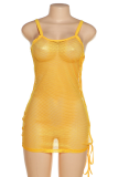 Yellow Sexy Solid Mesh Spaghetti Strap Pencil Skirt Dresses