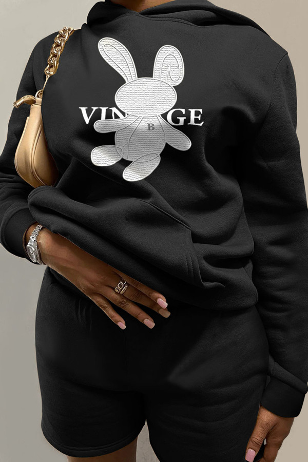 Black Casual Print Patchwork Hooded Collar Long Sleeve Two Pieces