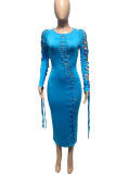 Orange Sexy Solid Bandage Hollowed Out Patchwork O Neck Pencil Skirt Dresses