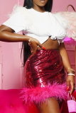 Red Sexy Patchwork Sequins Feathers Skinny High Waist Pencil Full Print Bottoms