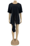 Coffee Fashion Casual Solid Tassel Patchwork Asymmetrical O Neck Tops