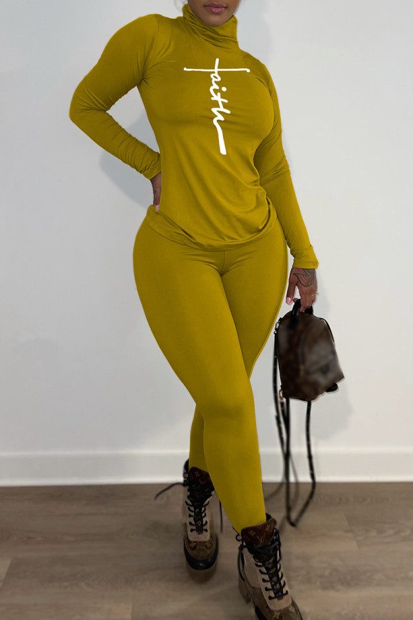 Earth Yellow Fashion Casual Print Basic Turtleneck Long Sleeve Two Pieces