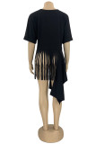Coffee Fashion Casual Solid Tassel Patchwork Asymmetrical O Neck Tops