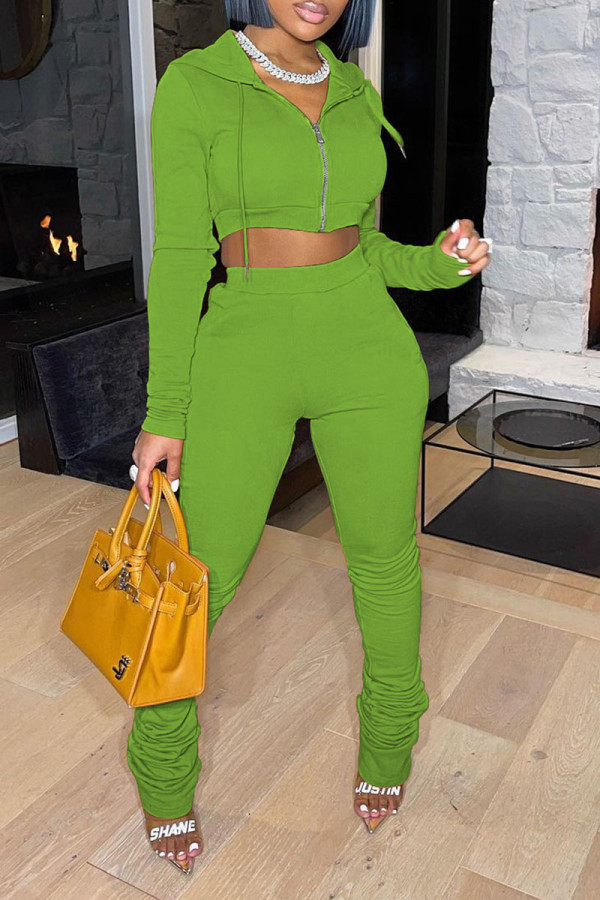 Green Yellow Casual Sportswear Solid Make Old Fold Hooded Collar Long Sleeve Two Pieces