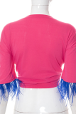 Pink Casual Print Tassel V Neck T-Shirts