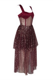 Burgundy Fashion Sexy Formal Patchwork Backless Square Collar Evening Dress