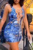 Blue Sexy Print Draw String V Neck Sleeveless Two Pieces