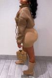 Coffee Casual Solid Bandage Patchwork Pocket Half A Turtleneck Outerwear
