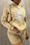 Khaki Casual Print Patchwork Hooded Collar Long Sleeve Two Pieces