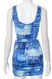 Blue Sexy Print Draw String V Neck Sleeveless Two Pieces