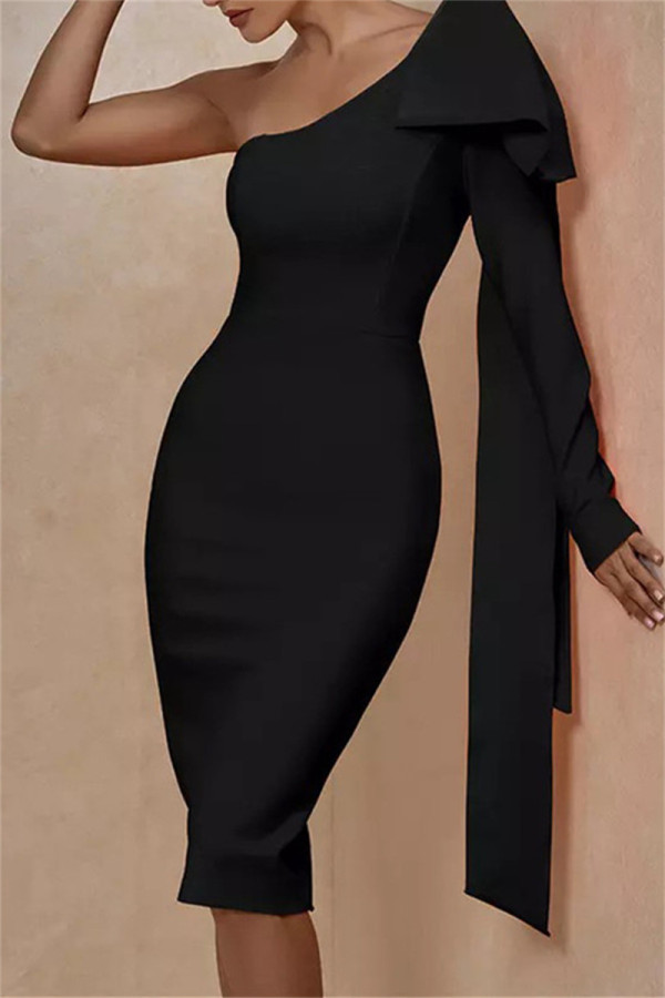 Black Fashion Casual Formal Solid Patchwork Backless Oblique Collar Long Sleeve Dresses