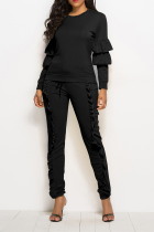 Black Fashion Solid Flounce O Neck Long Sleeve Two Pieces