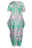 Pink Fashion Casual Print Patchwork O Neck Long Dress Plus Size Dresses
