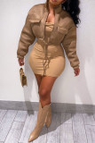 Coffee Casual Solid Bandage Patchwork Pocket Half A Turtleneck Outerwear