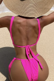 Rose Red Fashion Sexy Print Leopard Bandage Patchwork Backless Swimwears (With Paddings)