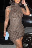 Brown Sexy Geometric Patchwork Half A Turtleneck Pencil Skirt Dresses