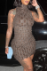 Brown Sexy Geometric Patchwork Half A Turtleneck Pencil Skirt Dresses