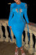 Sky Blue Sexy Solid Bandage Hollowed Out Patchwork O Neck Pencil Skirt Dresses
