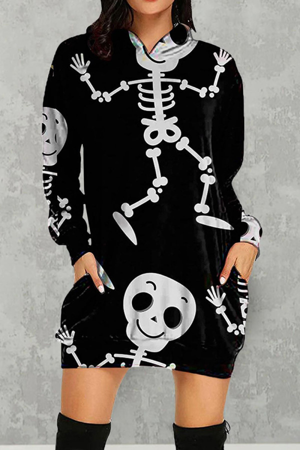 Black Gray Street Print Patchwork Hooded Collar T-shirt Dress Dresses