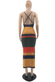 Pink Fashion Sexy Striped Print Backless Spaghetti Strap Long Dress Dresses